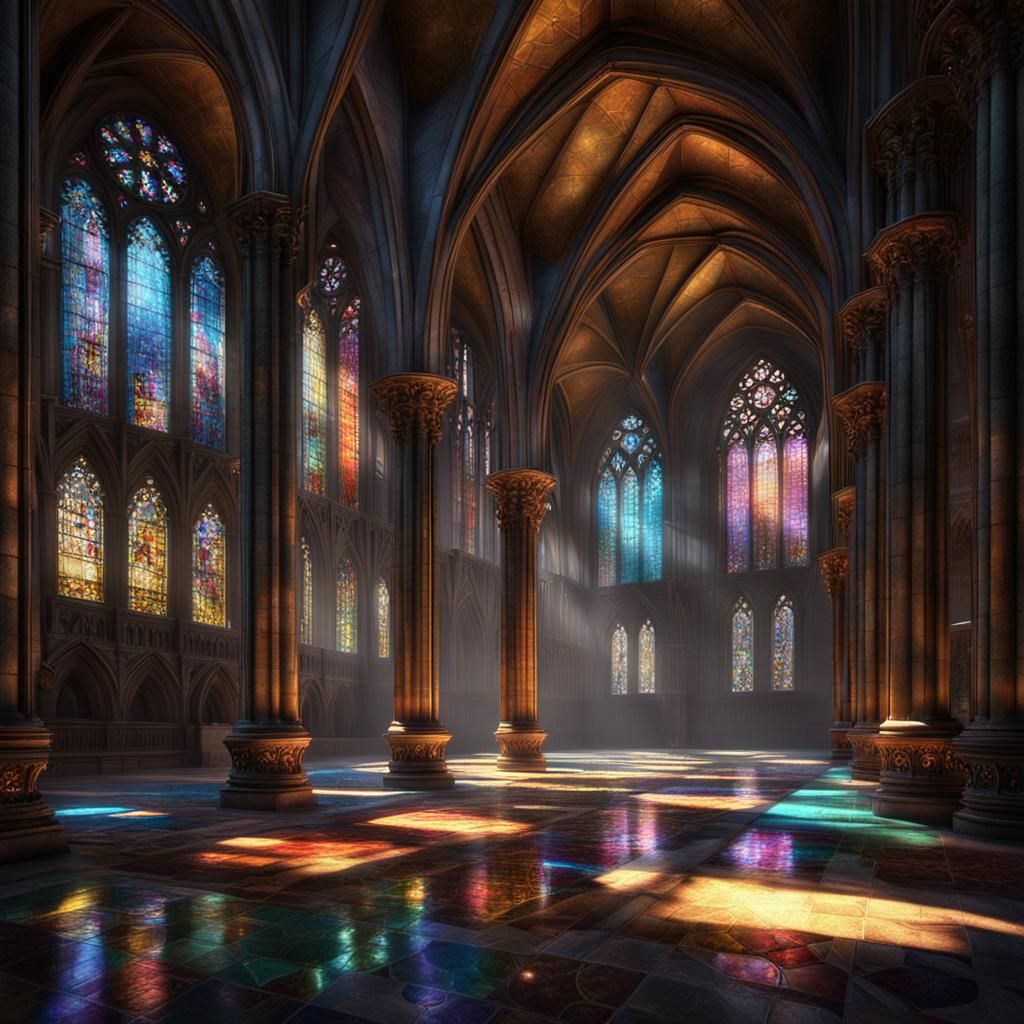 Gothic Cathedral Interior with Floating Orbs