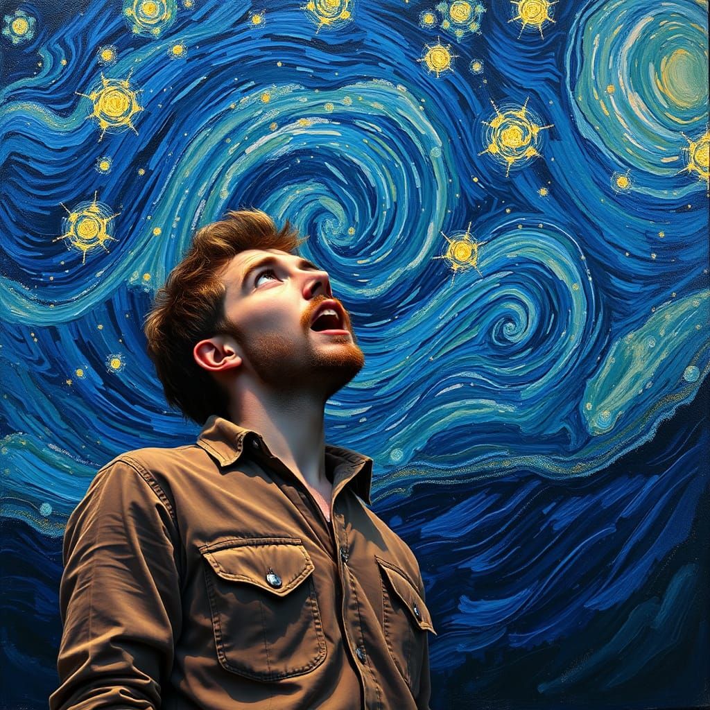 Man Amazed by Starry Night Sky: Abstract Impressionism
