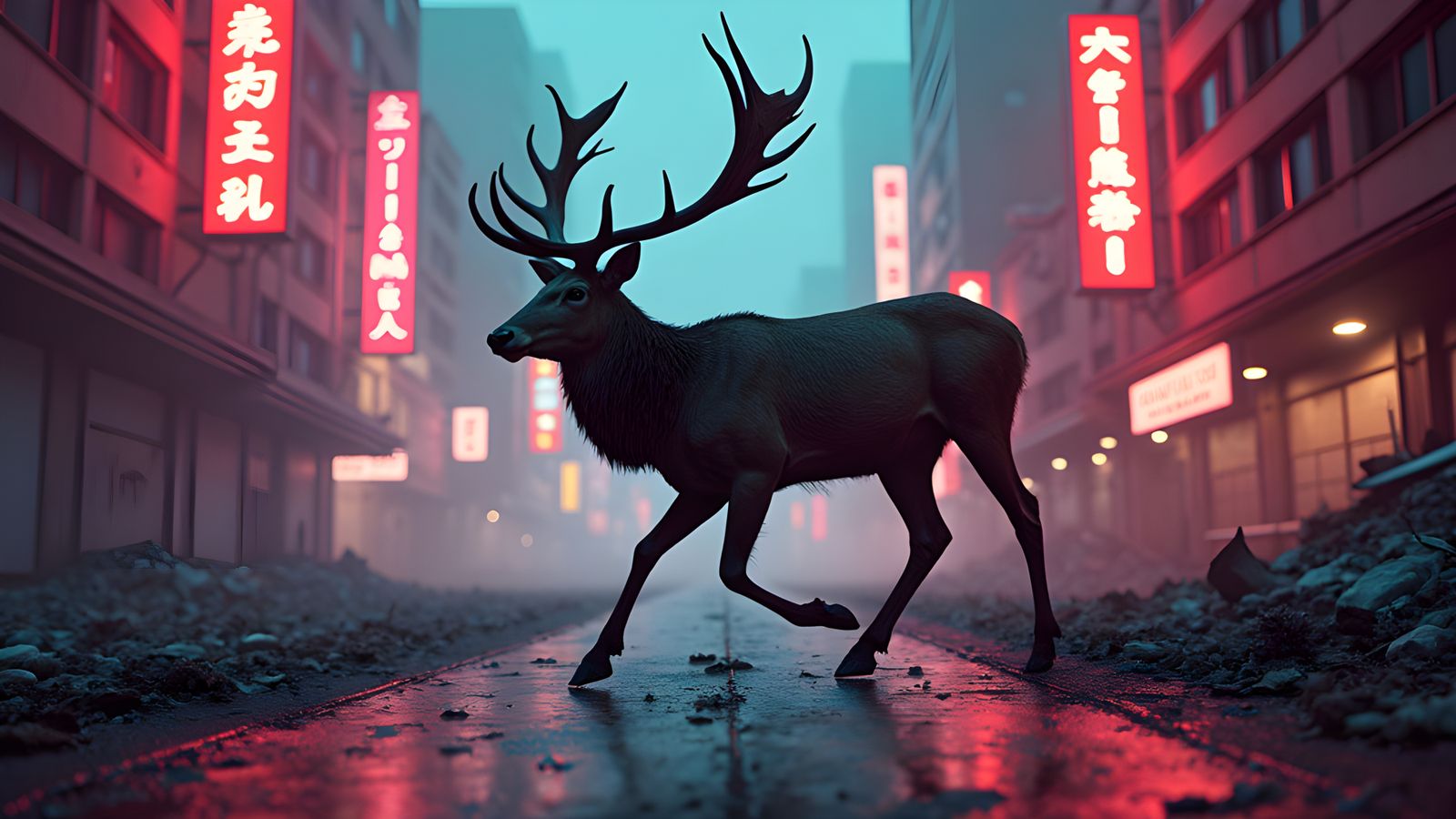 Deer in Abandoned Neon City, Hyperrealistic Style