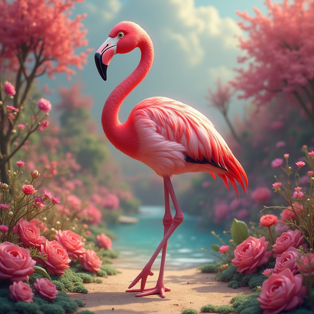 Flamingo in Candyland Garden: Vintage Digital Illustration