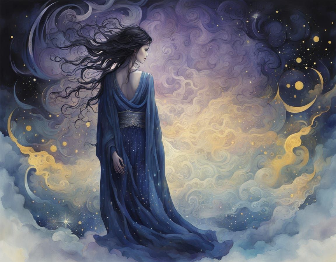 Ethereal Goddess Emerges Under Midnight Sky