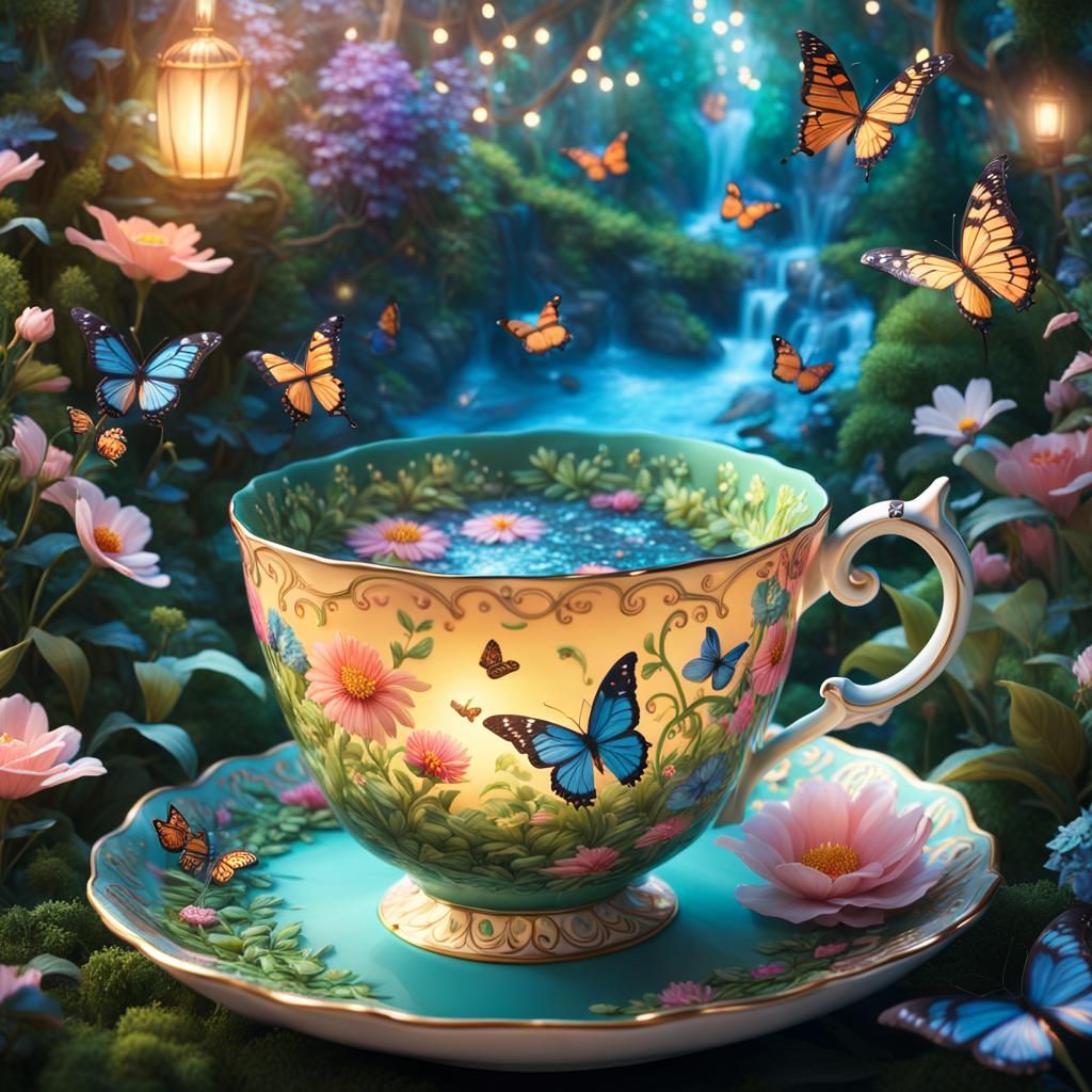Enchanted Garden: Whimsical Teacup Fantasy Concept Art