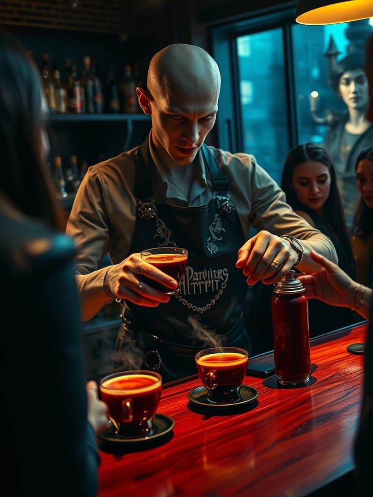 Vampire Barista in Dark, Avant-Garde Coffee Shop