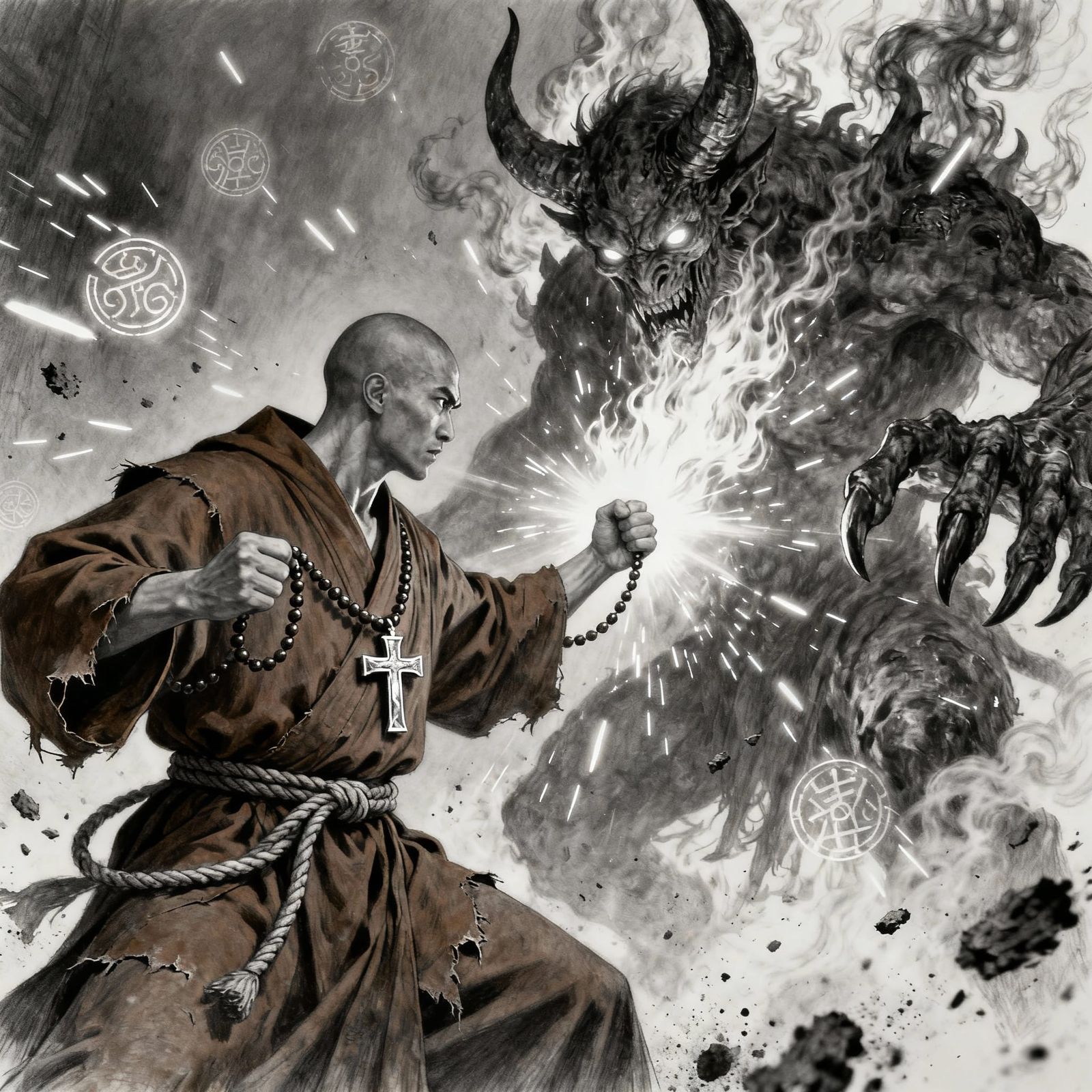 Monk Exorcist Battles Demon in Charcoal Drawing Style