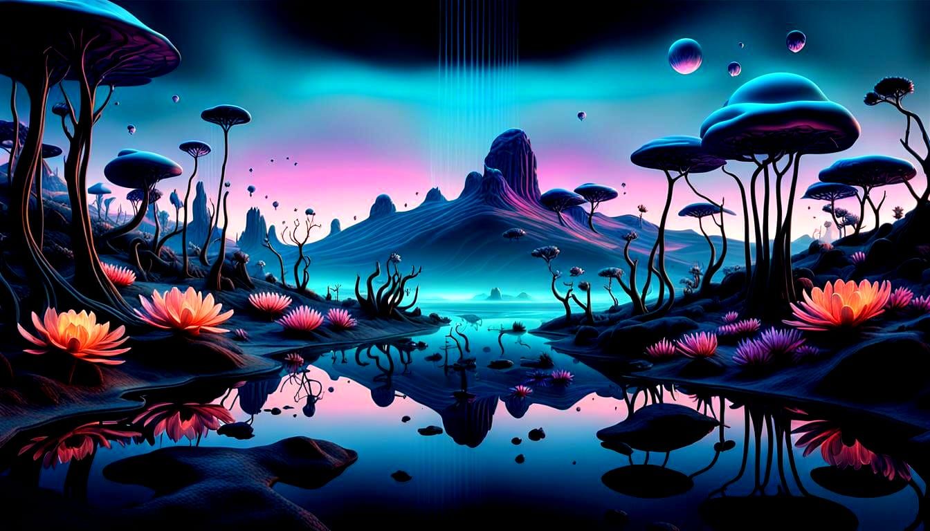 Surreal 3D Landscape with Bioluminescent Flora