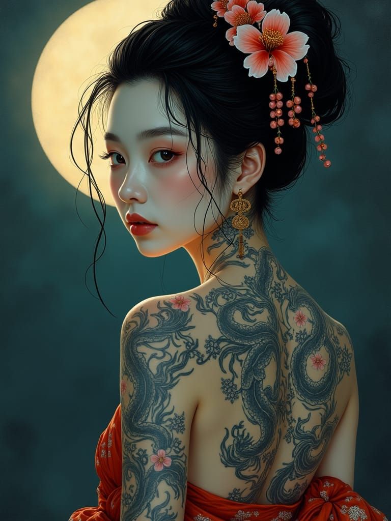Geisha Portrait with Tattoos in Somber Impressionist Style