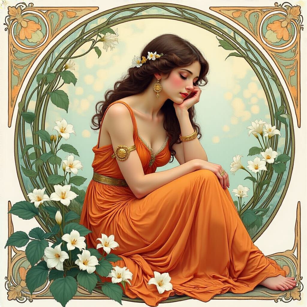 Art Nouveau Woman in Orange Dress with White Flowers
