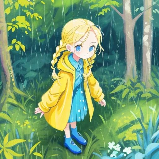 Girl in Yellow Raincoat, Gouache Painting