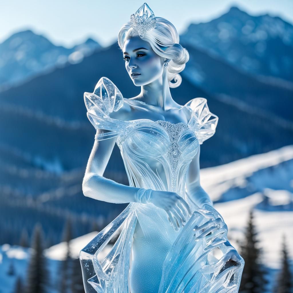 Blue Ice Princess Sculpture in Snowy Landscape