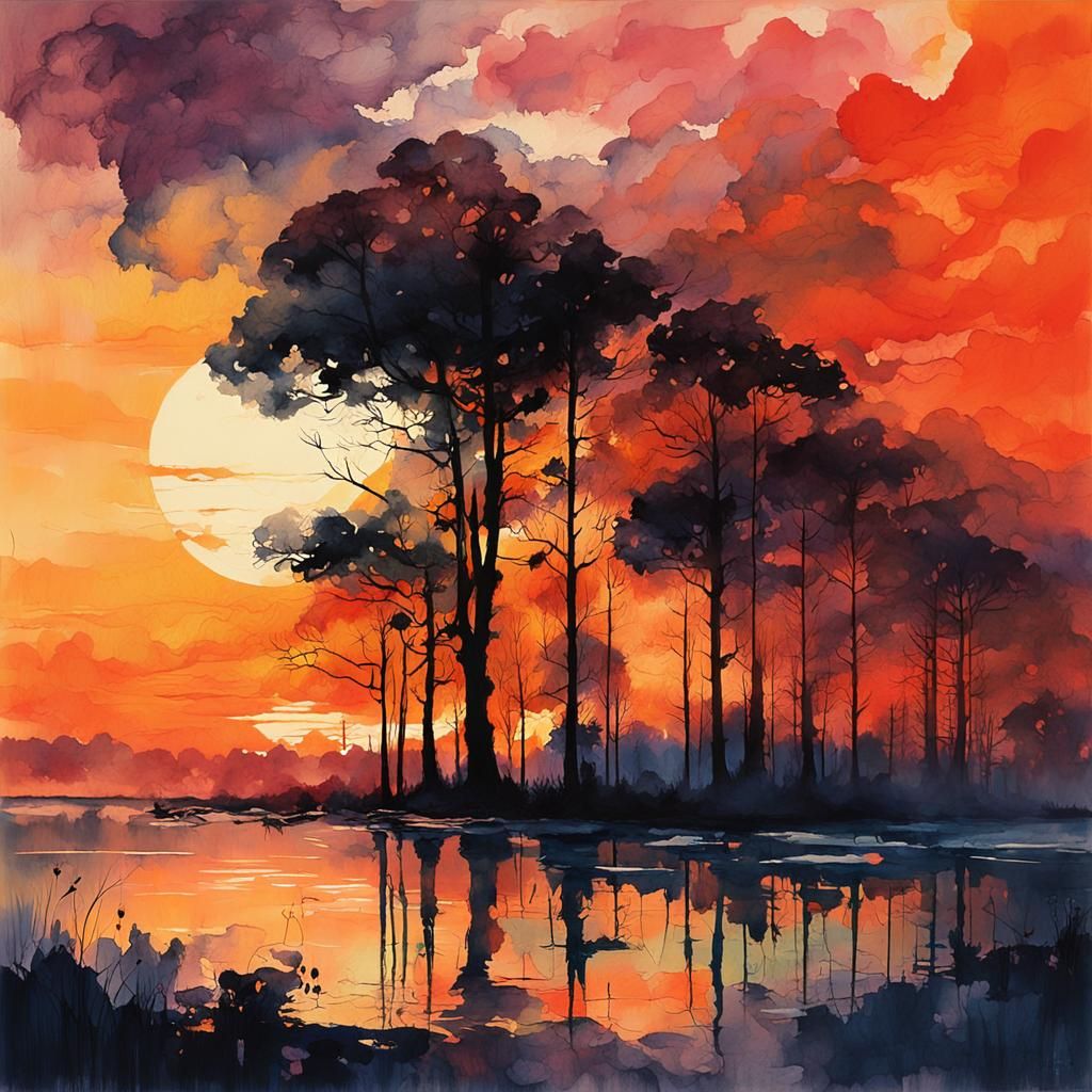 Sunset Landscape in Gouache Watercolor Style