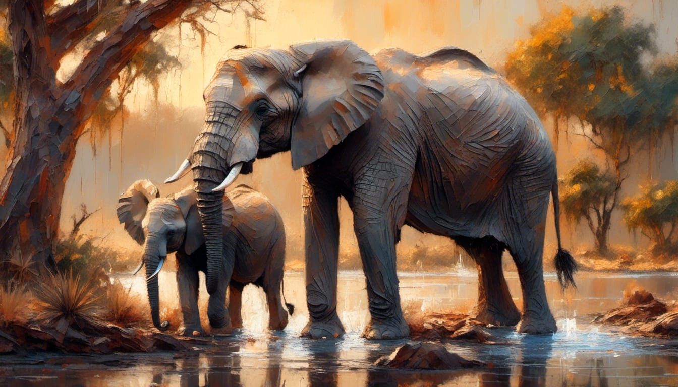 African elephant mother and calf at a watering hole, oil pai...