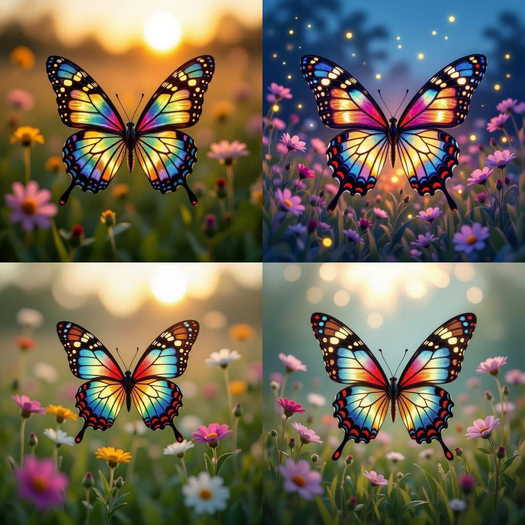 Glass Butterfly With Stained Glass Wings Over Meadow