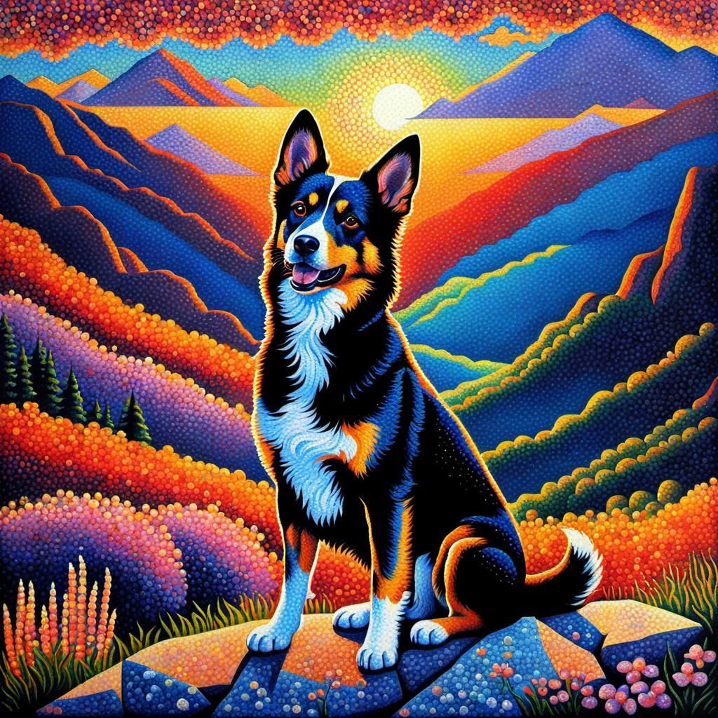 Cute Dog in Mountains, Pointillism Style