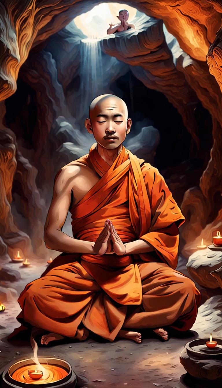 Meditating Monk Floating in Mountain Cavern