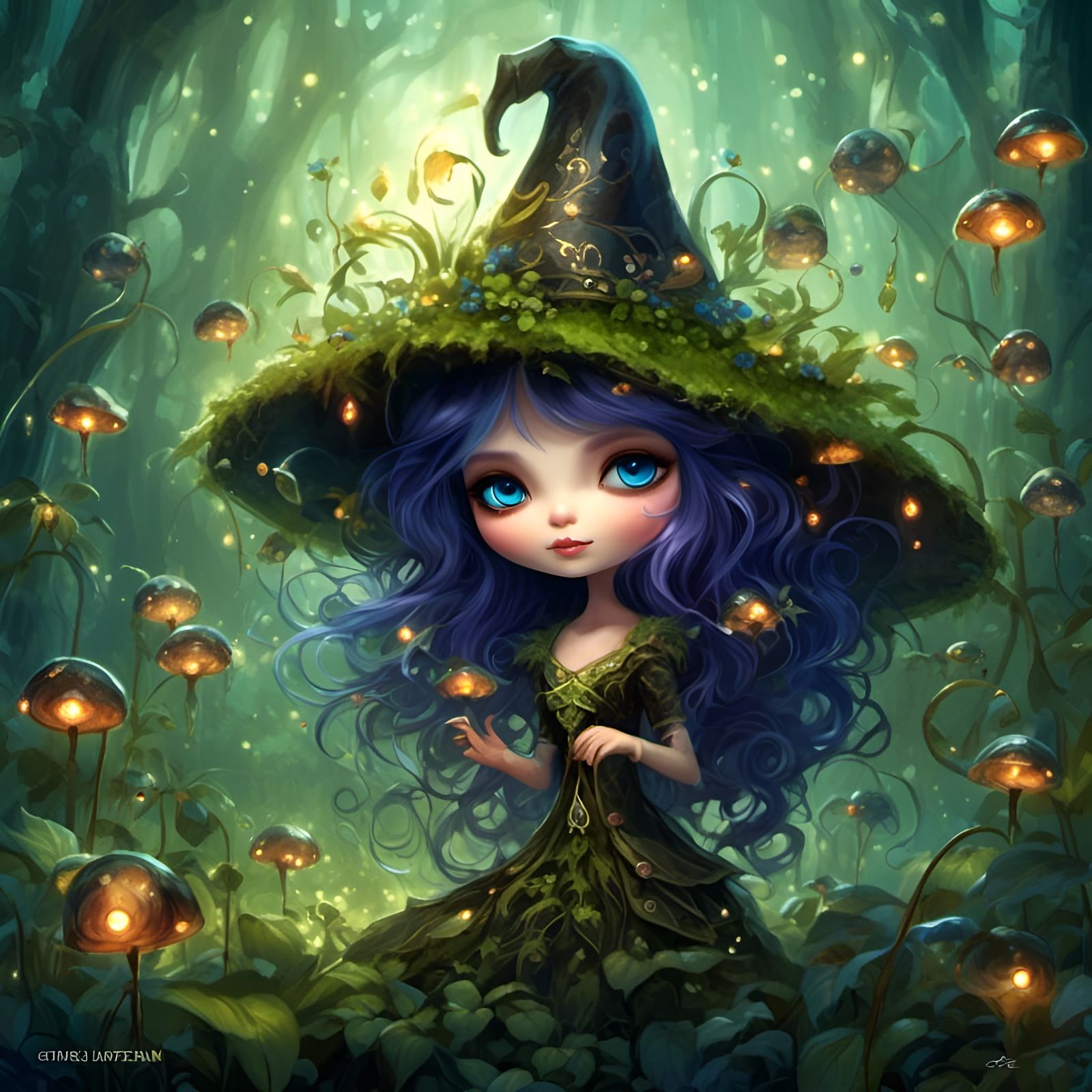 Magical Plant Witch Surrounded by Fireflies