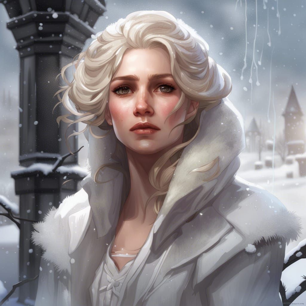 Sad Duchess Posing in Snowy Castle Garden