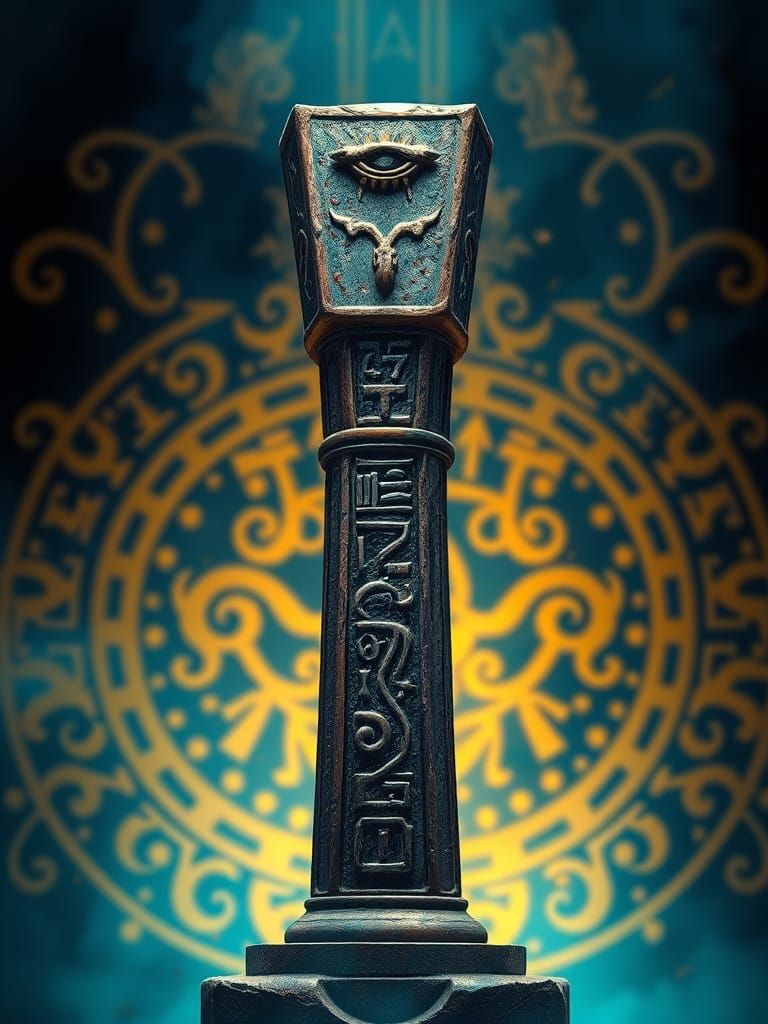 Egyptian Djed Pillar Symbol with Abstract Golden Hieroglyphs