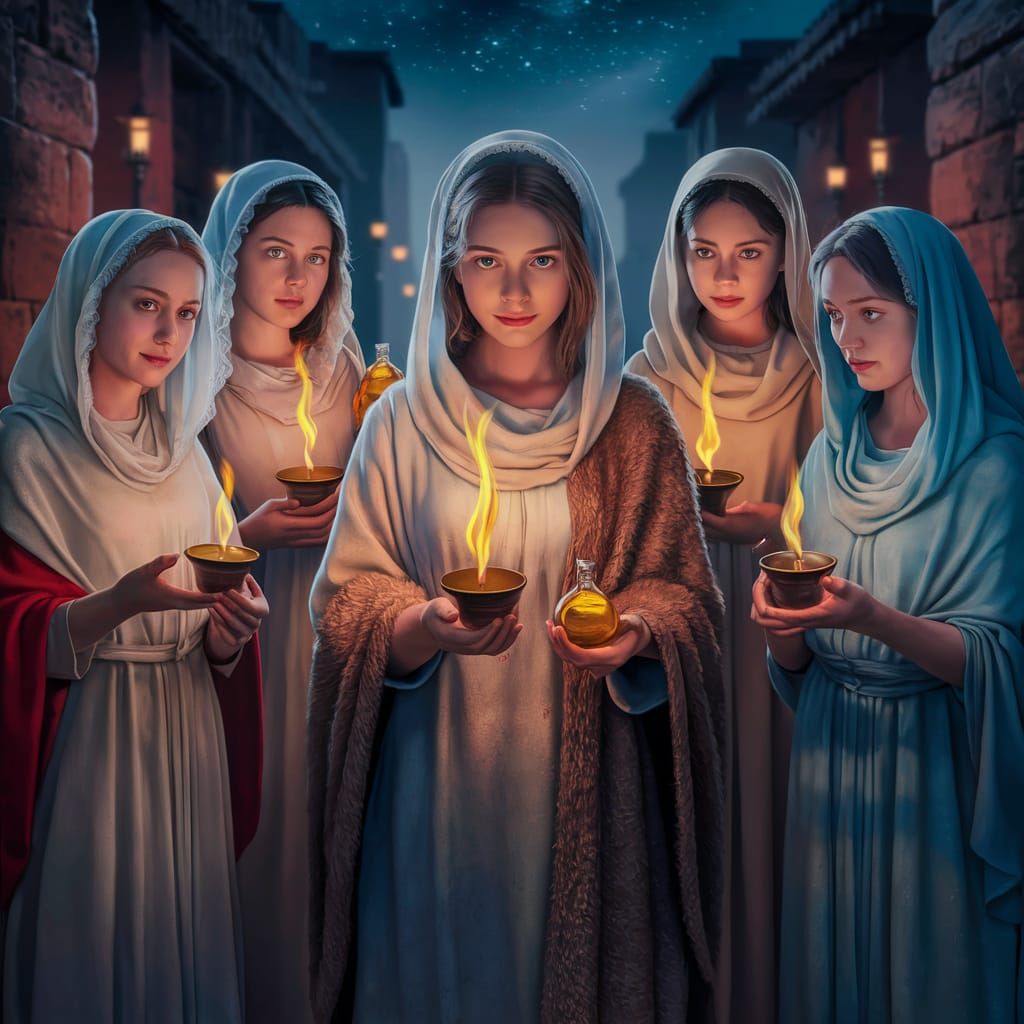 Biblical Women with Oil Lamps in Ancient City