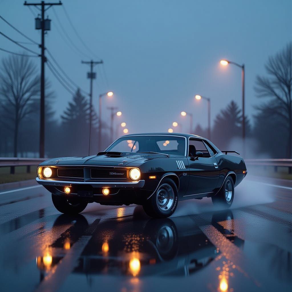 Black 1970 Barracuda Drifting in Rain at Dusk