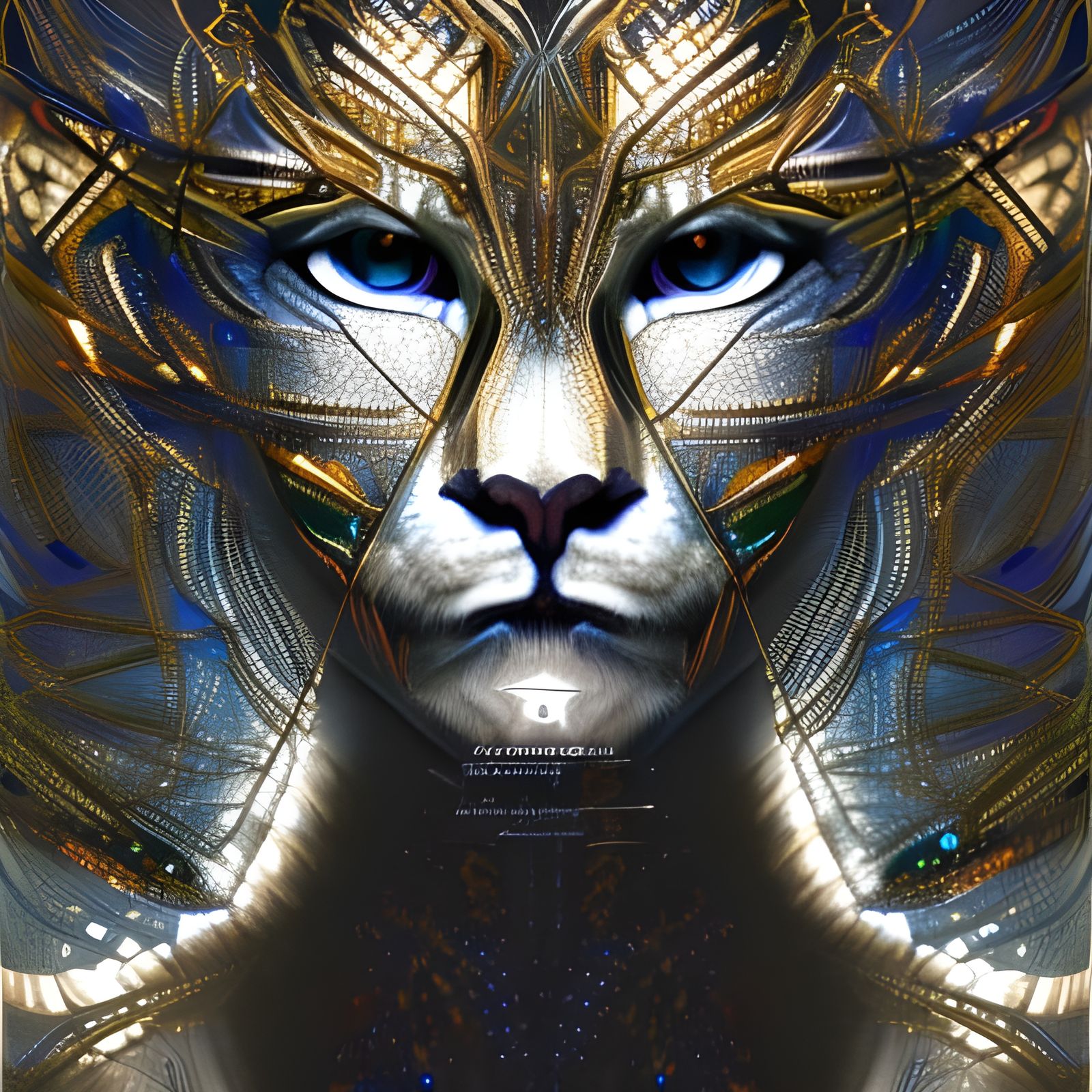 Armored Puma Warrior Portrait with Sapphire Inlays