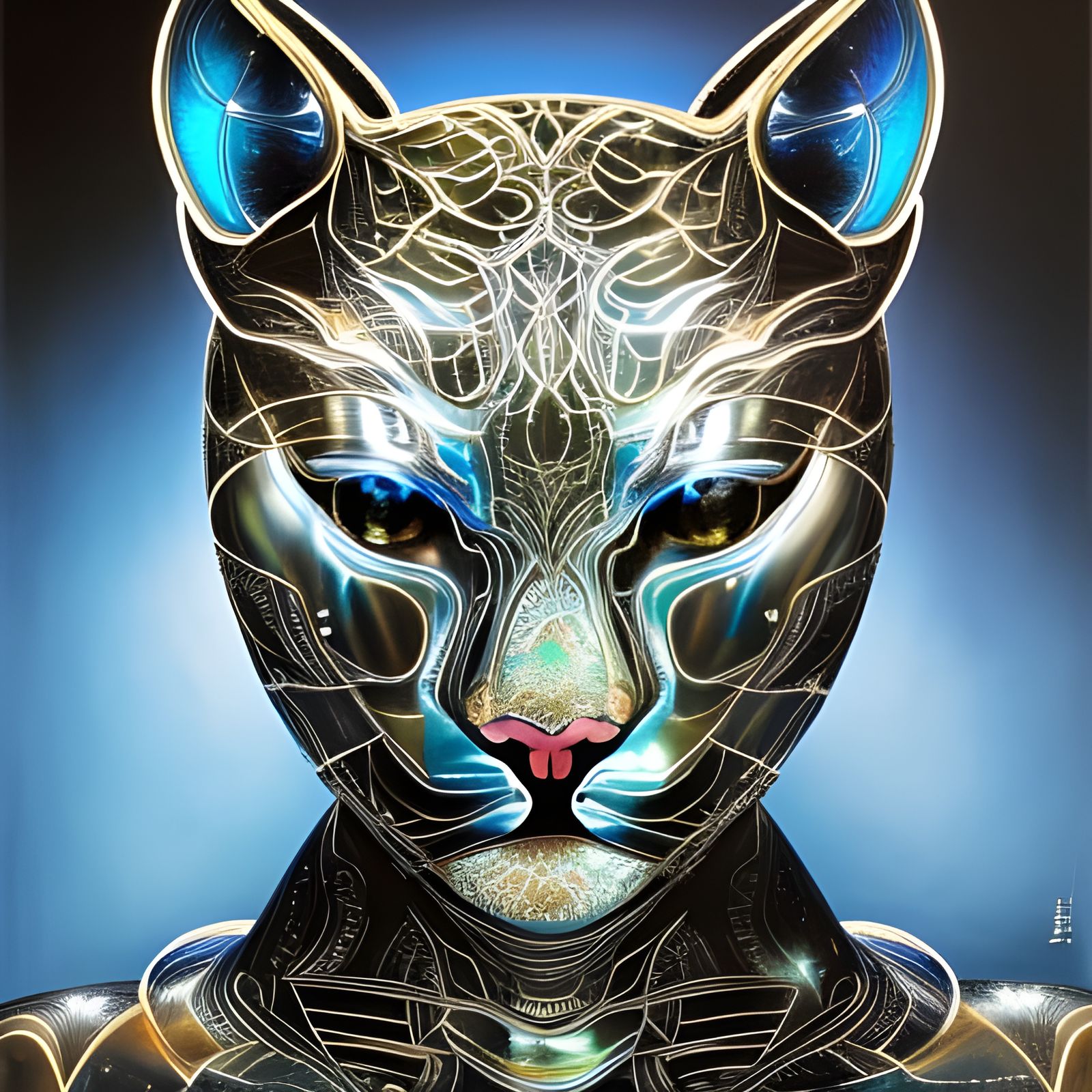 Armored Puma Warrior Portrait with Sapphire Inlays