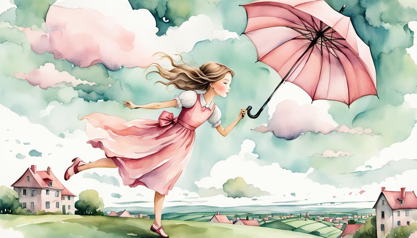 Whimsical Girl with Umbrella in Watercolor Landscape