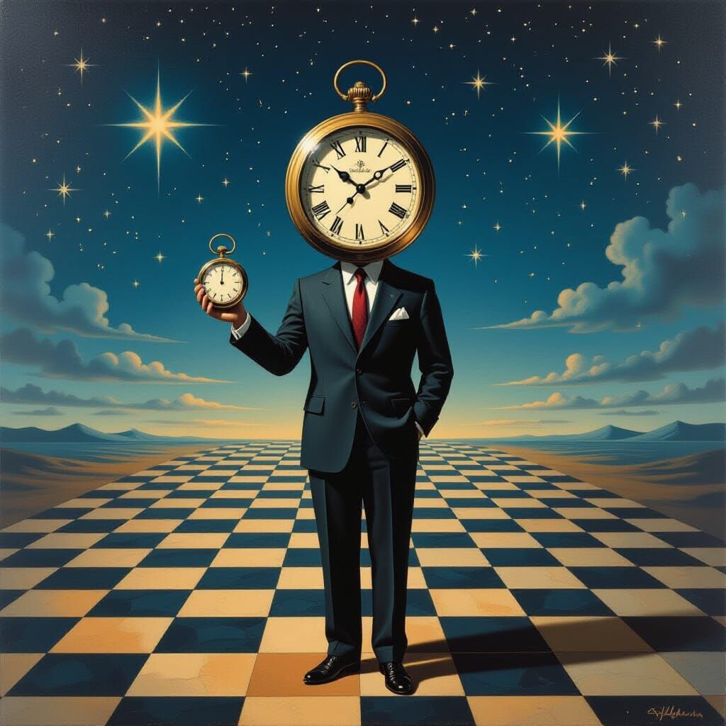 Surreal Man With Clock Head on Chessboard Under Starry Sky