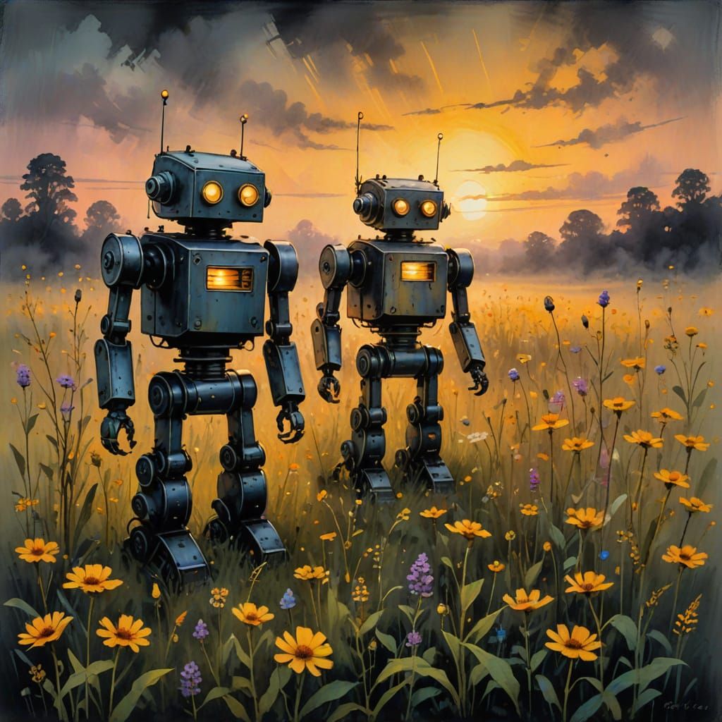Antique Robots in Wildflower Field: Ink Painting