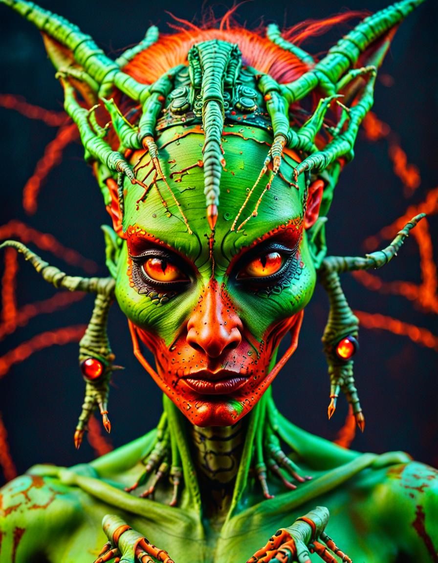 Voodoo Alien Mantid Princess in Cyberpunk Style