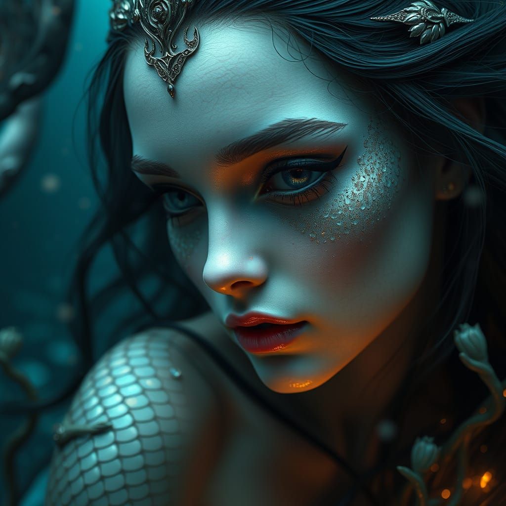 Gothic Mermaid Portrait with Ethereal Underwater Lighting