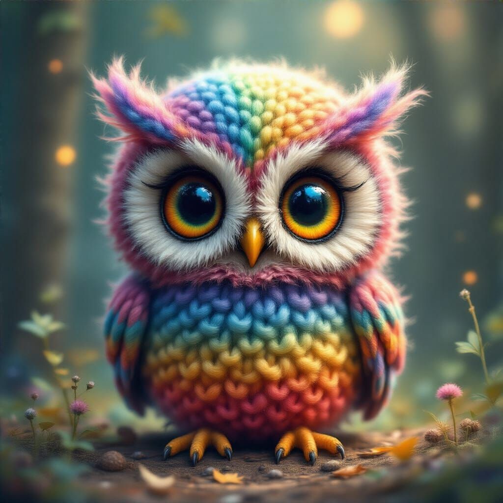Adorable Knitted Owl Painting with Rainbow Hues