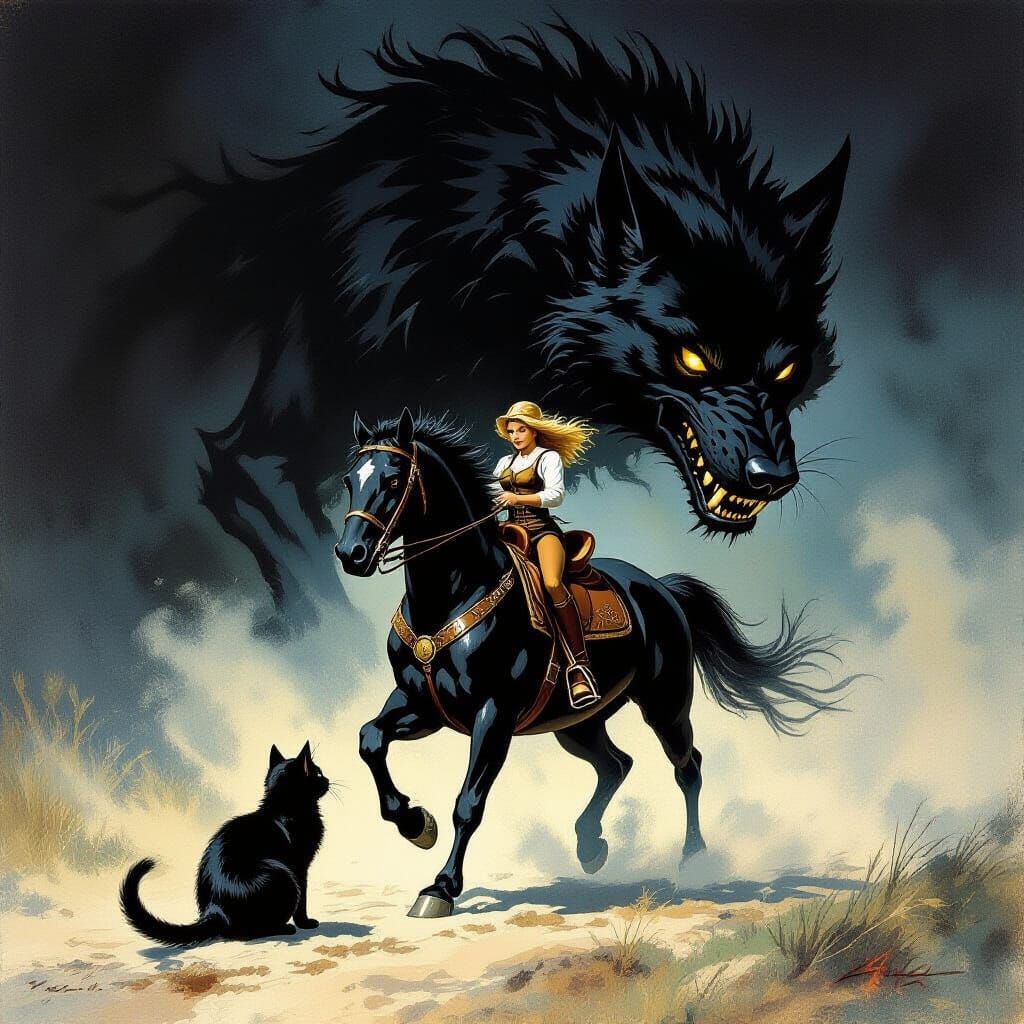 Cat Riding Stallion, Hellhound Following in Comic Book Style