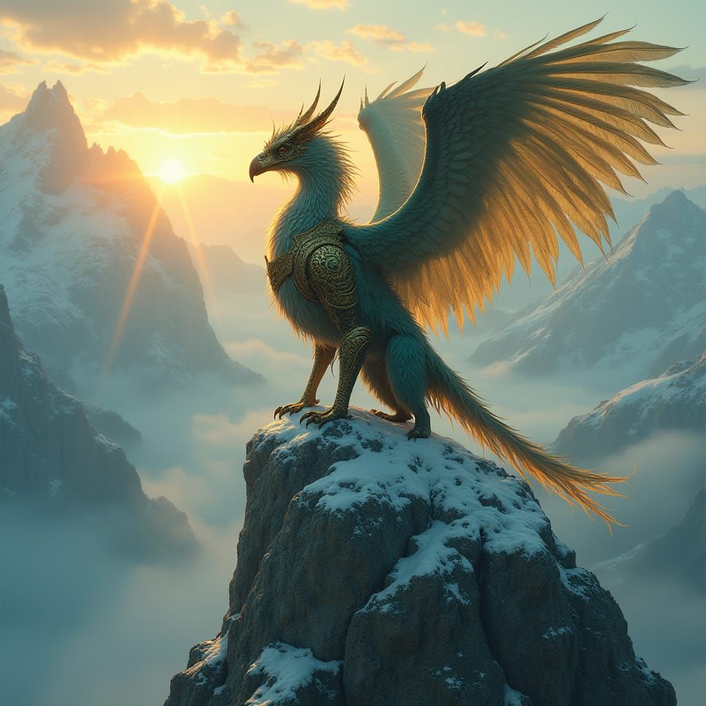 Majestic Griffin in Ornate Baroque Armor Surveys Mystical Va...