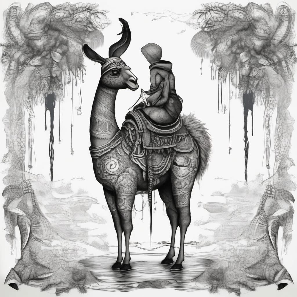 Psychedelic Llama with Monarch Caterpillar in Swamp