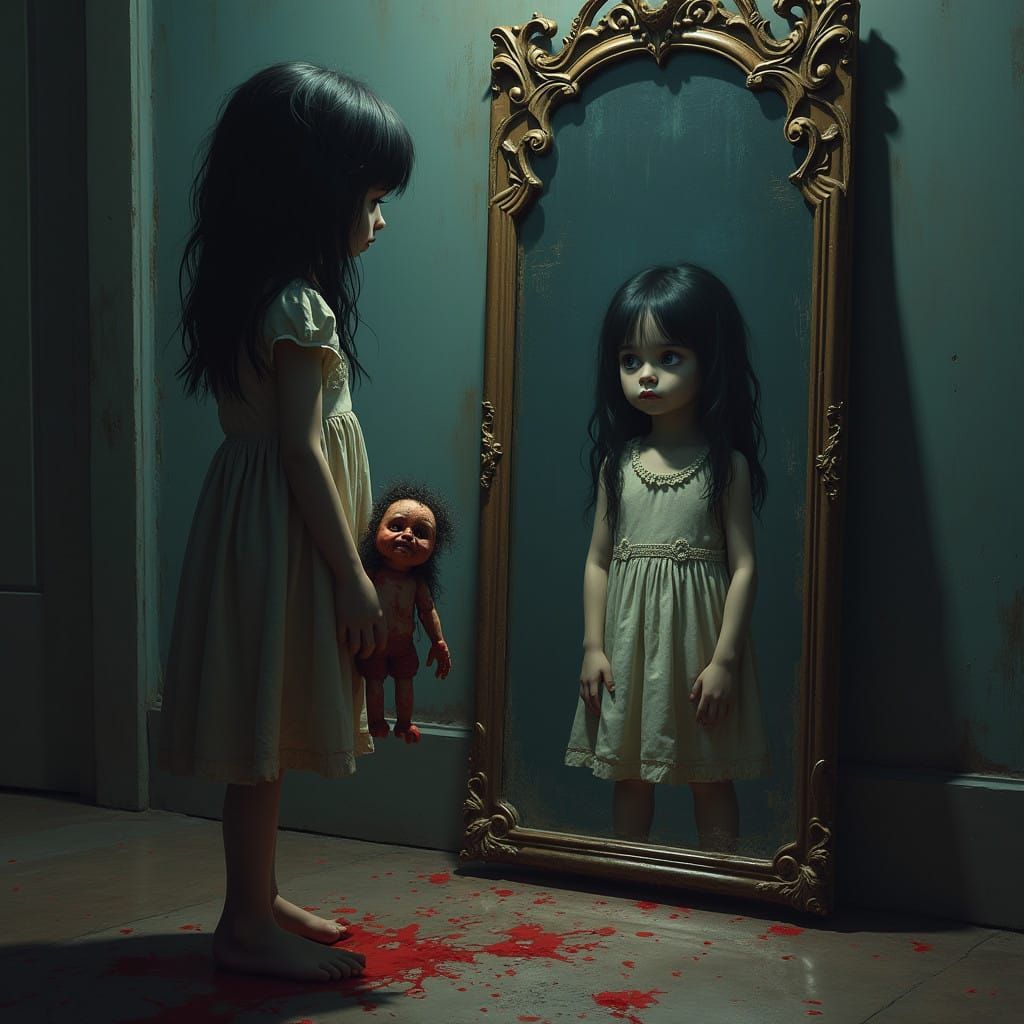 Young Girl's Melancholic Reflection in a Haunted Room
