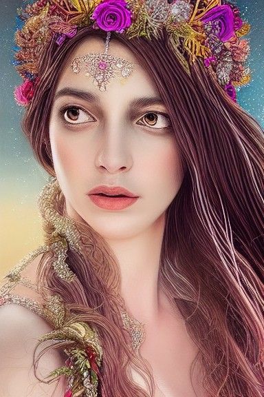 Goddess Portrait with Jeweled Crown and Flowing Gown