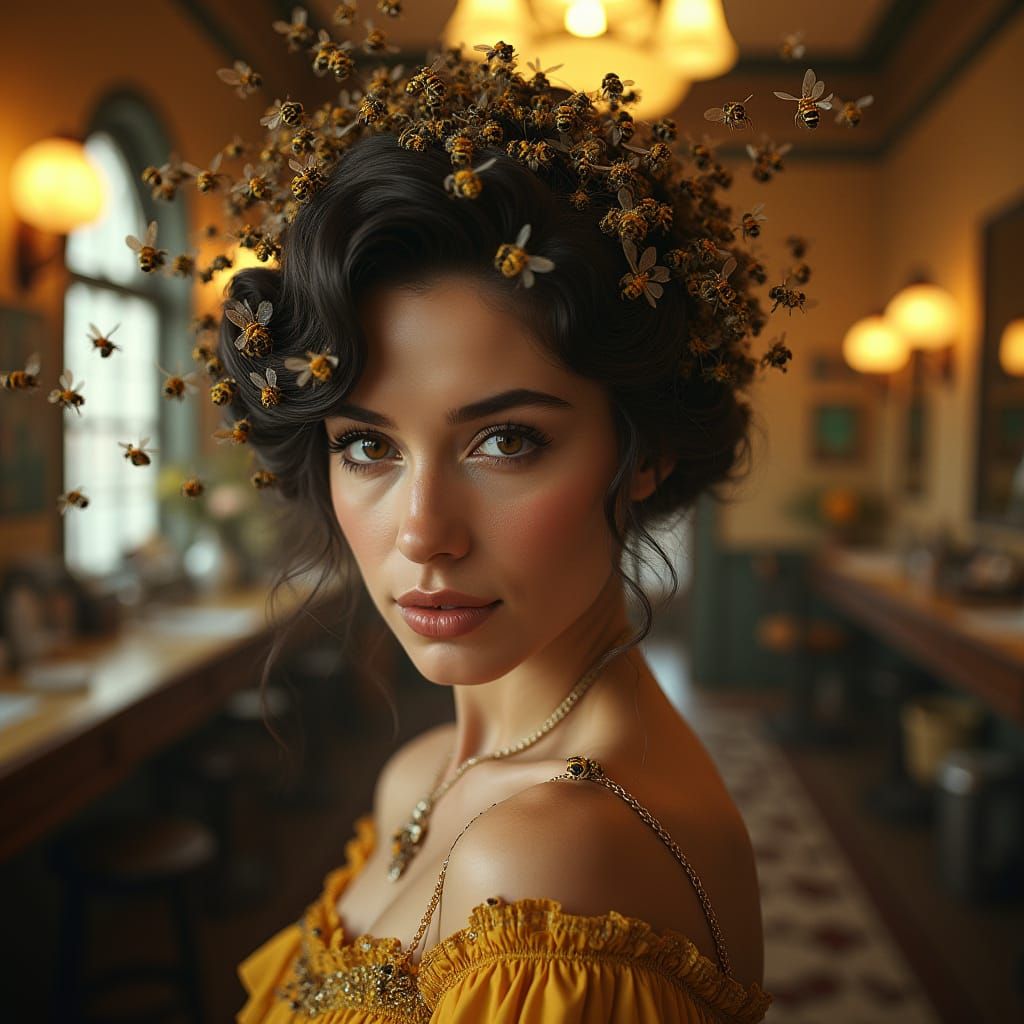 Woman with Beehive and Bees in Beauty Shop