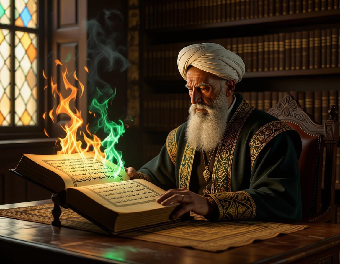 Illuminated Manuscript & Fiery Letters in Islamic Library