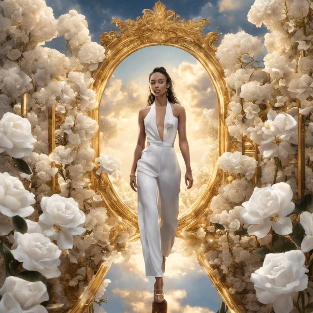 Royal Woman in Gold Jumpsuit with White Roses