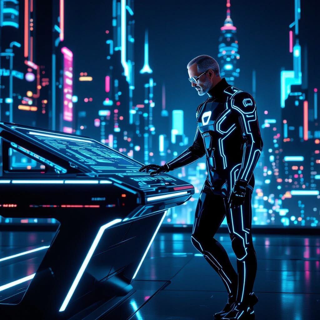 Steve Jobs in Tron-Inspired Futuristic Neon City