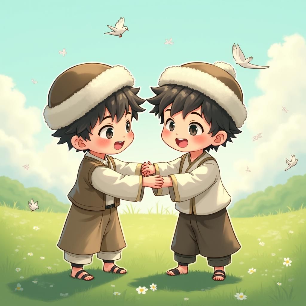 Boys Share Gentle Moment in Anime Style Field