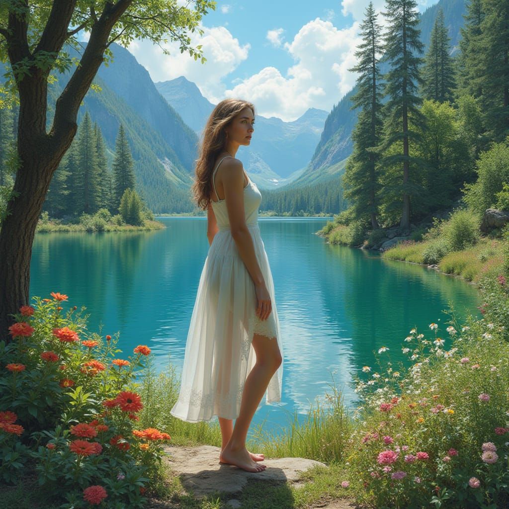 Hyper Realistic Nature Oasis Scene with Serene Woman and Ref...
