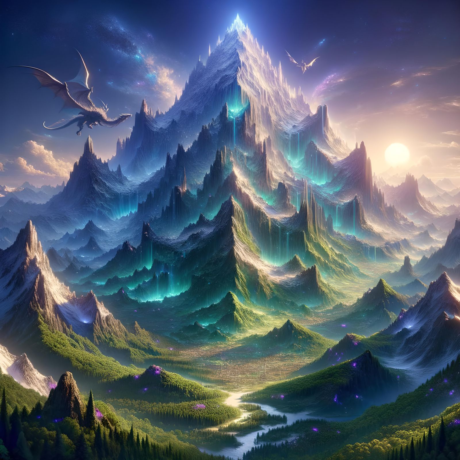 Epic Fantasy Mountain with Dragons in 3D Style