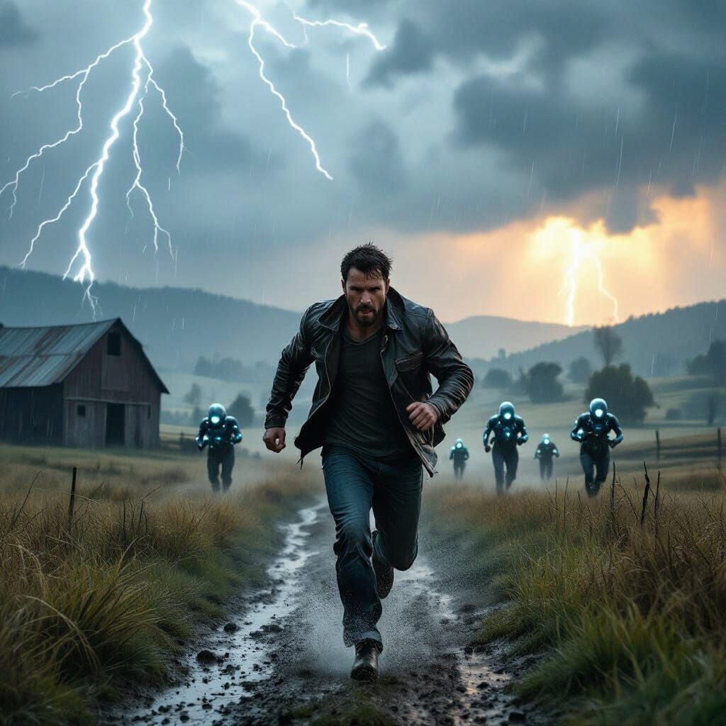 Man Pursued by AI Agents in Stormy Landscape