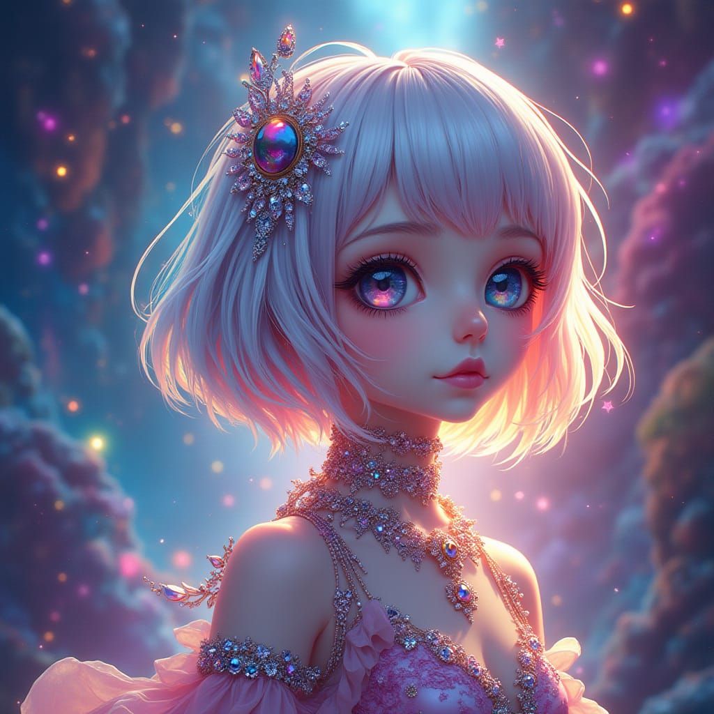 Kawaii Punk Girl in Magical Valley, Digital Art