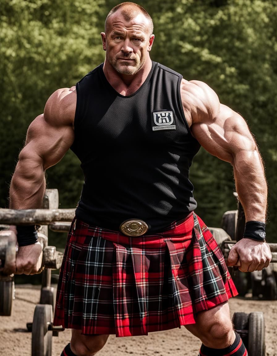 Scottish Powerlifter in Tartan Kilt, Highland Setting