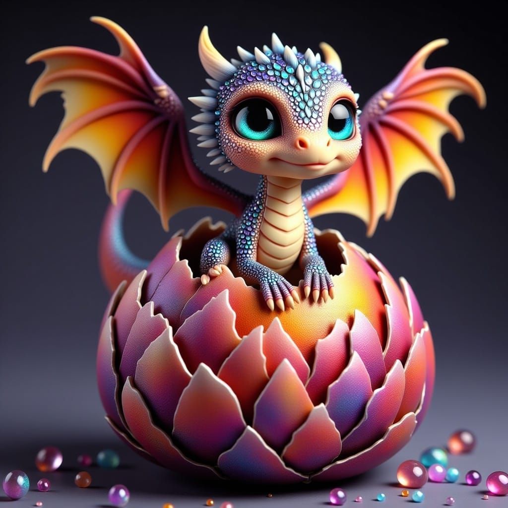 Iridescent Baby Dragon on Floral Pillow