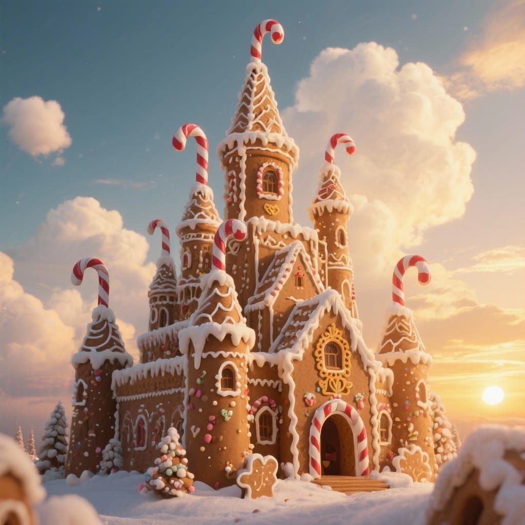 Gingerbread Castle with Candy Cane Turrets in Golden Light