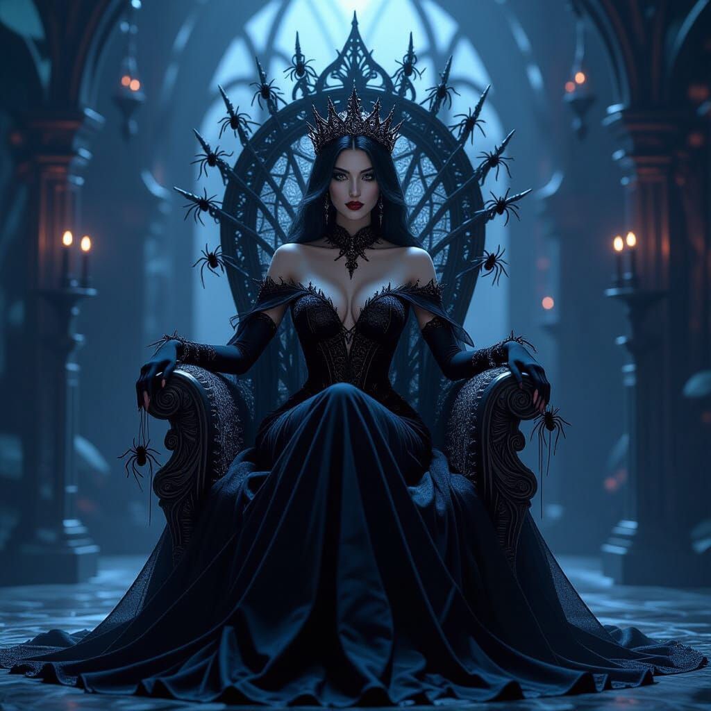 Spider Queen on Silver Throne in Gothic Fantasy Style