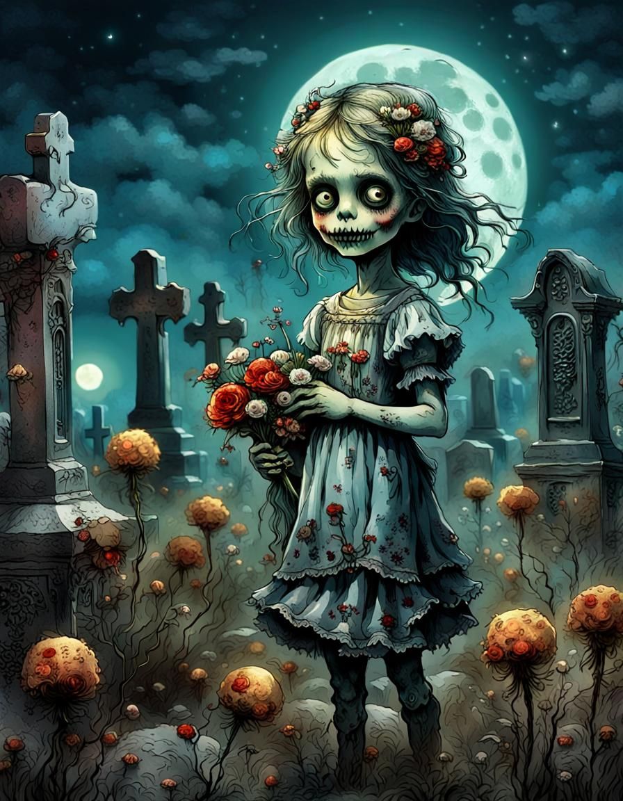 Zombie Girl with Flowers, Hyperdetailed Fantasy Art